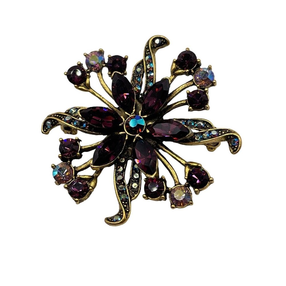 Purple Plum AB Rhinestone‎ Floral Round Spray Open  Brooch Pin Gold Tone Vintage